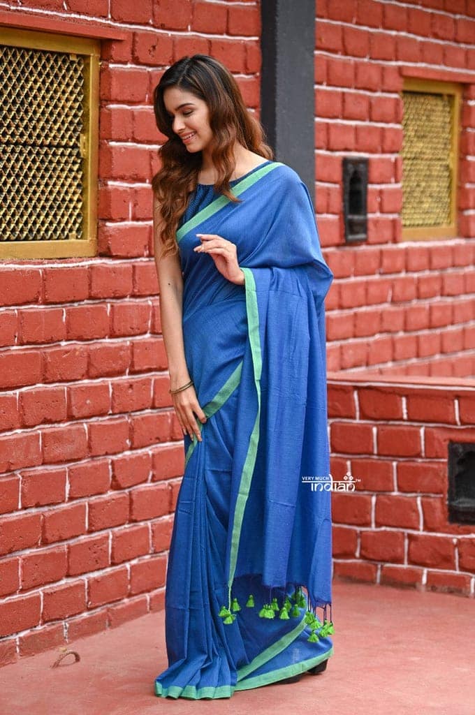 Saadgi ~Pure Cotton Handloom Sarees with Intricate Borders ~ Blue view 3