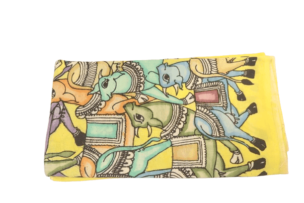 Yellow Cotton Kalamkari Hand Painted Saree view 2