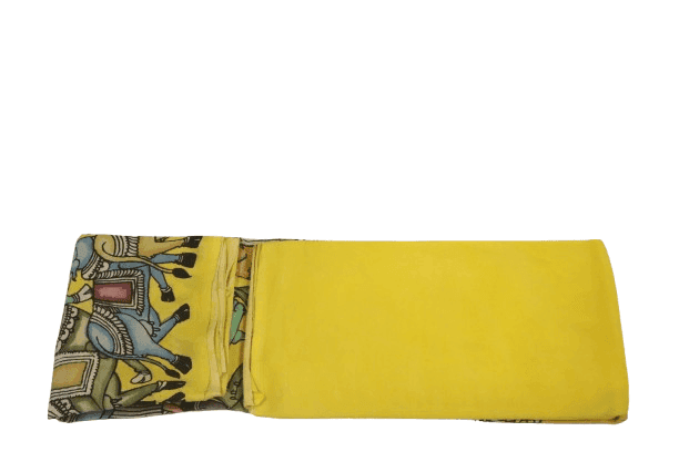 Yellow Cotton Kalamkari Hand Painted Saree view 3