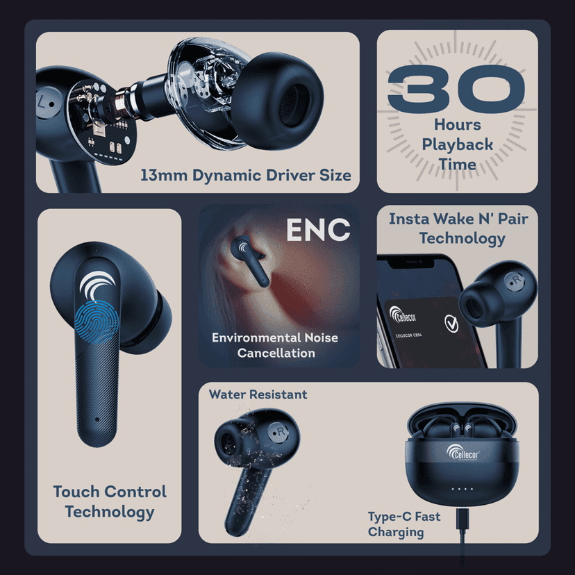 Cellecor BroPods CB03 Waterproof Earbuds With 30 Hours Playtime, Automatic Pairing, ENC Bluetooth-Blue view 7
