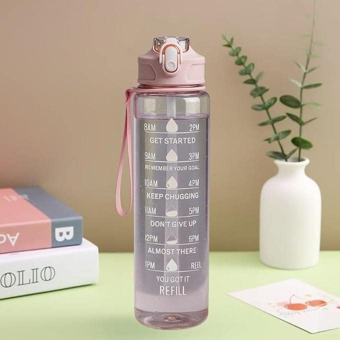 Motivational Water Bottle with Straw, Time Marker, Flip Top Lid and Carrying Strap, Reusable Transparent Plastic Water Bottle for Gym, Office, School, Travel and Sports view 2