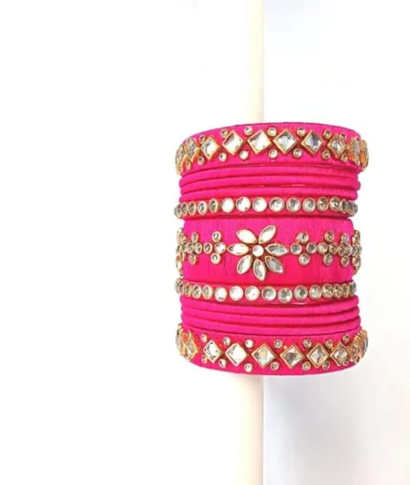 Set of 12 Pink Silk Thread Bangles view 2