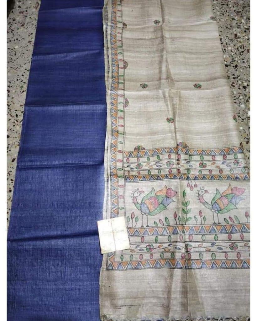 SSilkmark Certified Tussar Pastel Brown Silk Madhubani Dupatta and Plain Tussar Dark Blue Silk Top (Tussar by Tussar)-6111 view 2