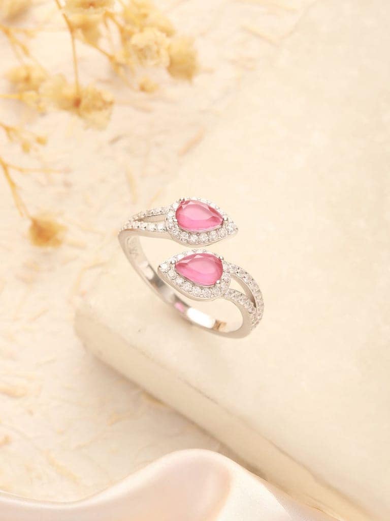 925 Sterling Silver Rhodium Plated Pink AD Studded Contemporary Adjustable Finger Ring For Her