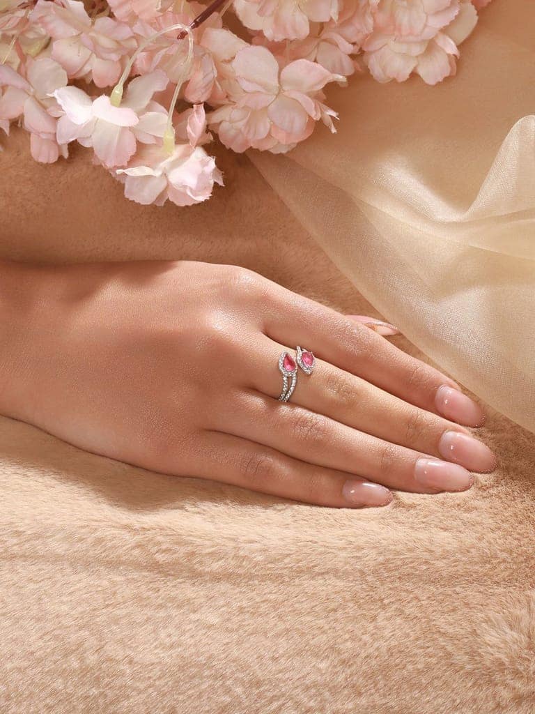 925 Sterling Silver Rhodium Plated Pink AD Studded Contemporary Adjustable Finger Ring For Her view 2