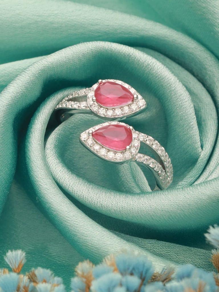 925 Sterling Silver Rhodium Plated Pink AD Studded Contemporary Adjustable Finger Ring For Her view 9