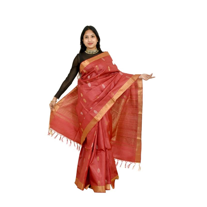 Tribes India Maroon Traditional Handloom Silk Saree with Zari Border view 3