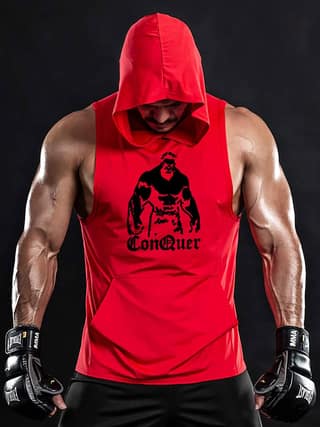 Hot Button Conquer Printed Stringer Gym Vest Hoodie for Men | Y-Back Design