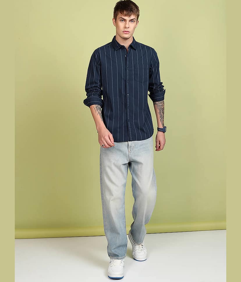 Highlander 100% Cotton Slim Fit Striped Full Sleeves Men's Casual Shirt - Grey ( Pack of 1 ) view 2