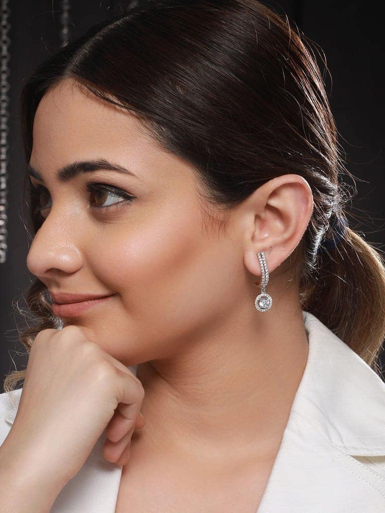 Silver Plated CZ Studded Solitaire Drop Earrings view 2