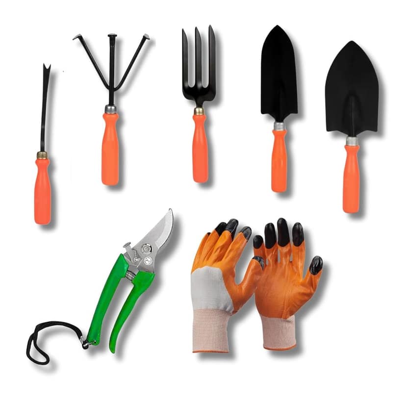 Kraft Seeds Home Tools, 7Pcs Gardening Tools Kit for Home Garden - (Cultivator, Fork, Trowels, Weeder, Gloves, Pruner Cutter), Lightweight, Portable, Durable Gardening Items for Indoor and Outdoor Use