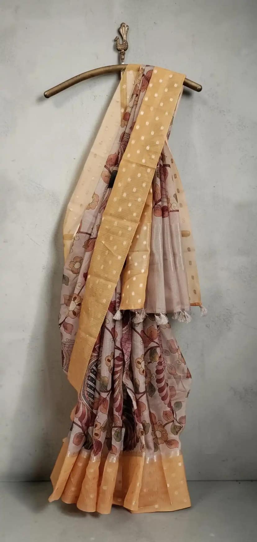 Kota Doria Block-Print Cotton-Silk Saree with Peacock, Zari Border view 3