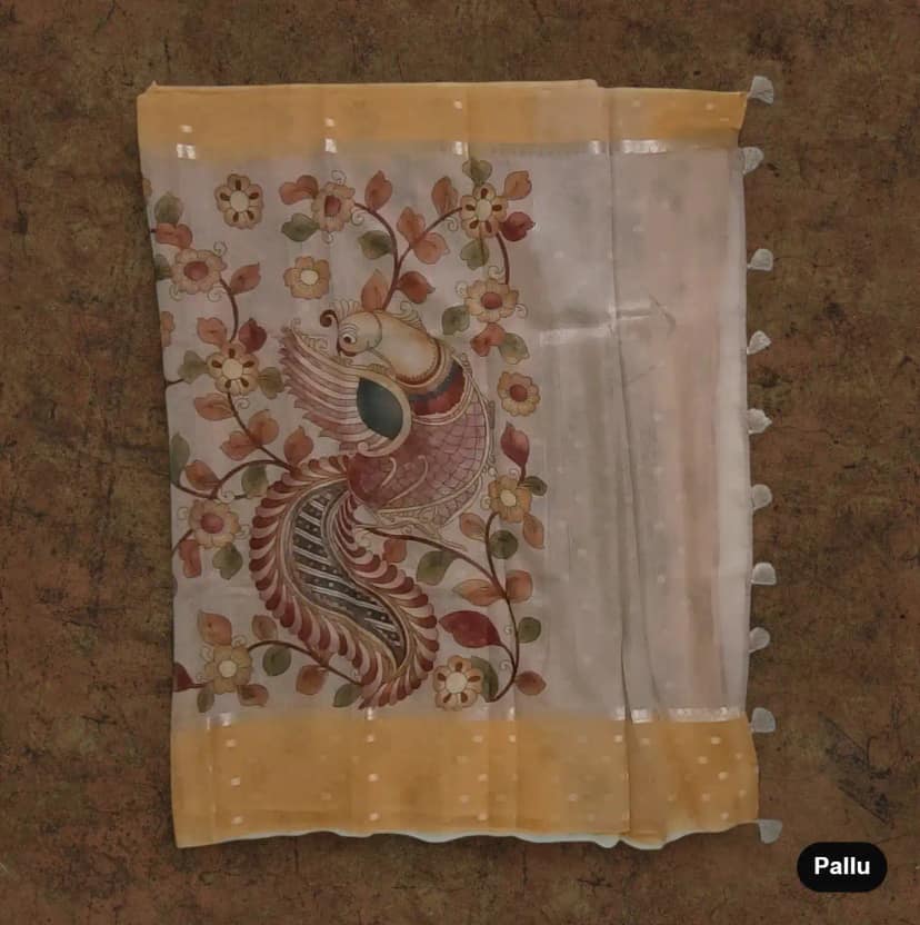 Kota Doria Block-Print Cotton-Silk Saree with Peacock, Zari Border view 4