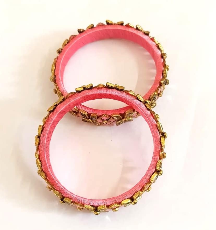 Traditional Pink Silk Thread Bangles with Golden Stone Work - Set of 2 view 3