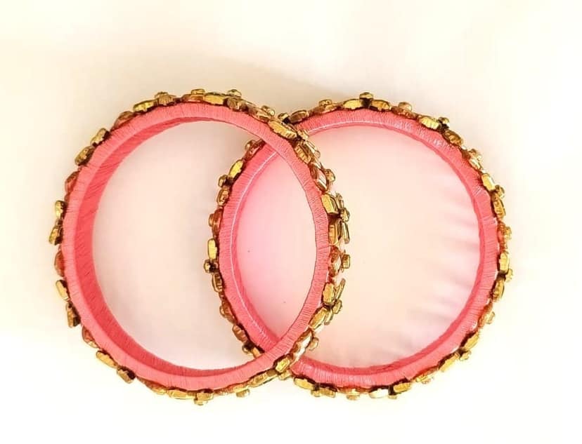 Traditional Pink Silk Thread Bangles with Golden Stone Work - Set of 2 view 5