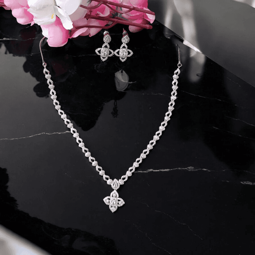 ELLNORA'S Stunning Cubic Zirconia Tennis Necklace and Stud Earrings Set in White Gold Plated 925 Sterling Silver