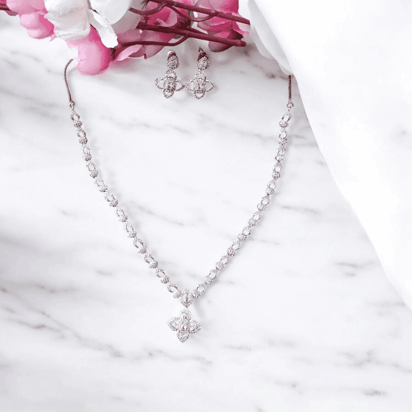 ELLNORA'S Stunning Cubic Zirconia Tennis Necklace and Stud Earrings Set in White Gold Plated 925 Sterling Silver view 2