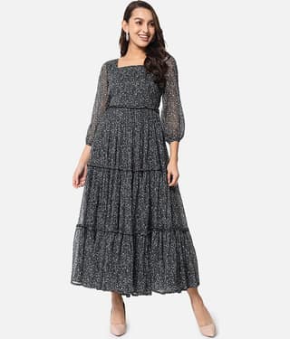 ALL WAYS YOU Women Polyester Printed Fit & Flare Dress ( Black )