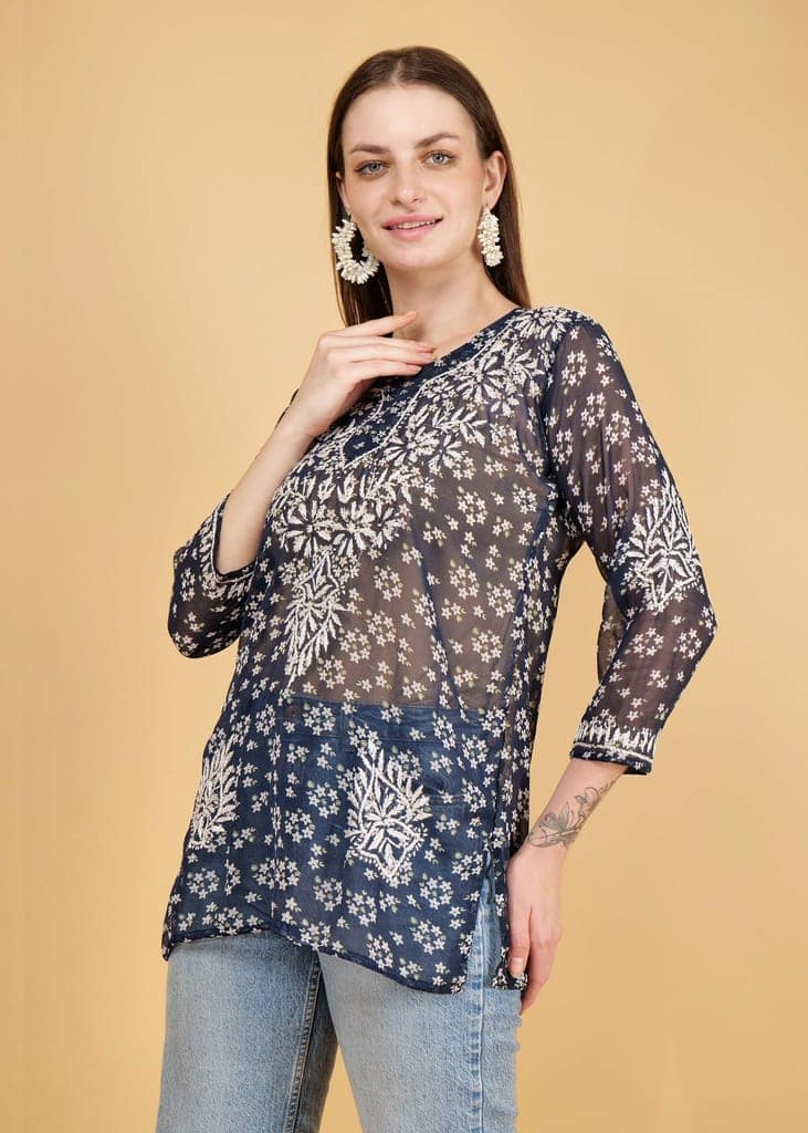Hand Embroided Lucknow Chikankar Short Straight Georgette Kurta view 9