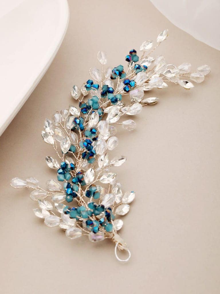 Silver Toned Blue Crystal Beaded Statement Hair Pin view 2