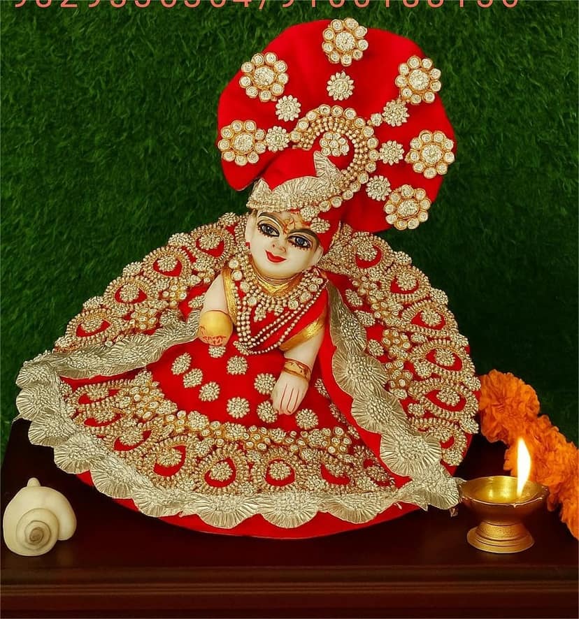 DHRUVINSRI Laddu Gopal Heavy Dress Gawn with sudded ZARKHIN Flowers & ZARKHIN LACE Work, krishnaji, kanhaji, thakurji Adjustable Gawn for Ladoo Gopal Ji Idol Size 5&6 Color-RED