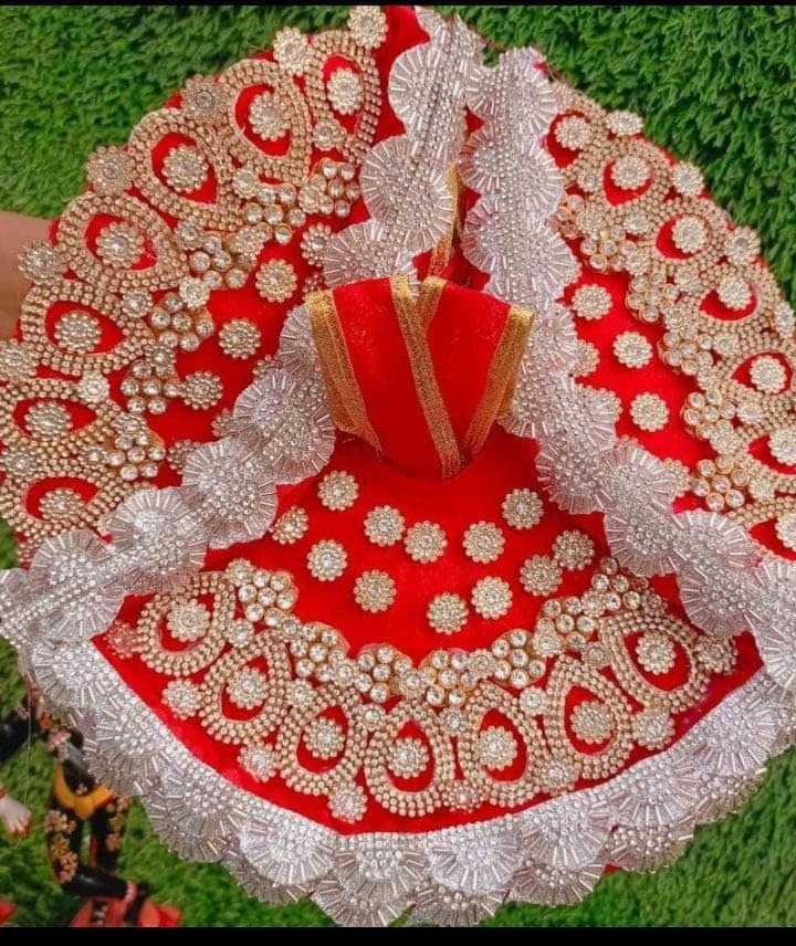 DHRUVINSRI Laddu Gopal Heavy Dress Gawn with sudded ZARKHIN Flowers & ZARKHIN LACE Work, krishnaji, kanhaji, thakurji Adjustable Gawn for Ladoo Gopal Ji Idol Size 5&6 Color-RED view 2