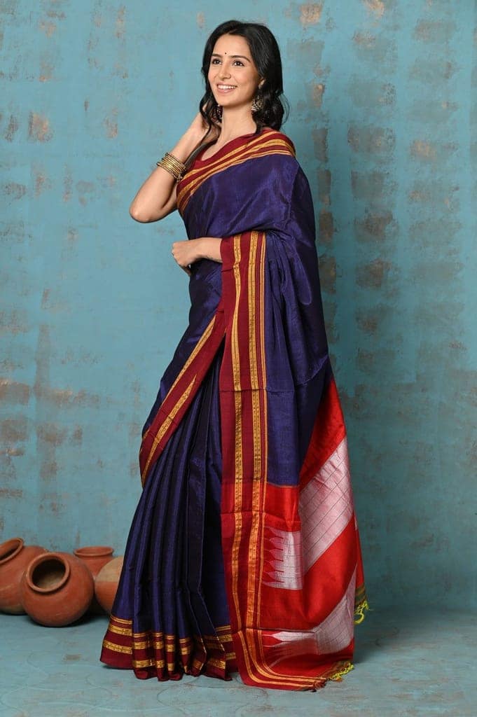 Tyohaar ~ Traditional Handloom Royal Blue Ilkal Cotton Viscose with Red Pure Silk Pallu view 2