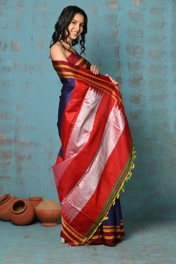 Tyohaar ~ Traditional Handloom Royal Blue Ilkal Cotton Viscose with Red Pure Silk Pallu view 3