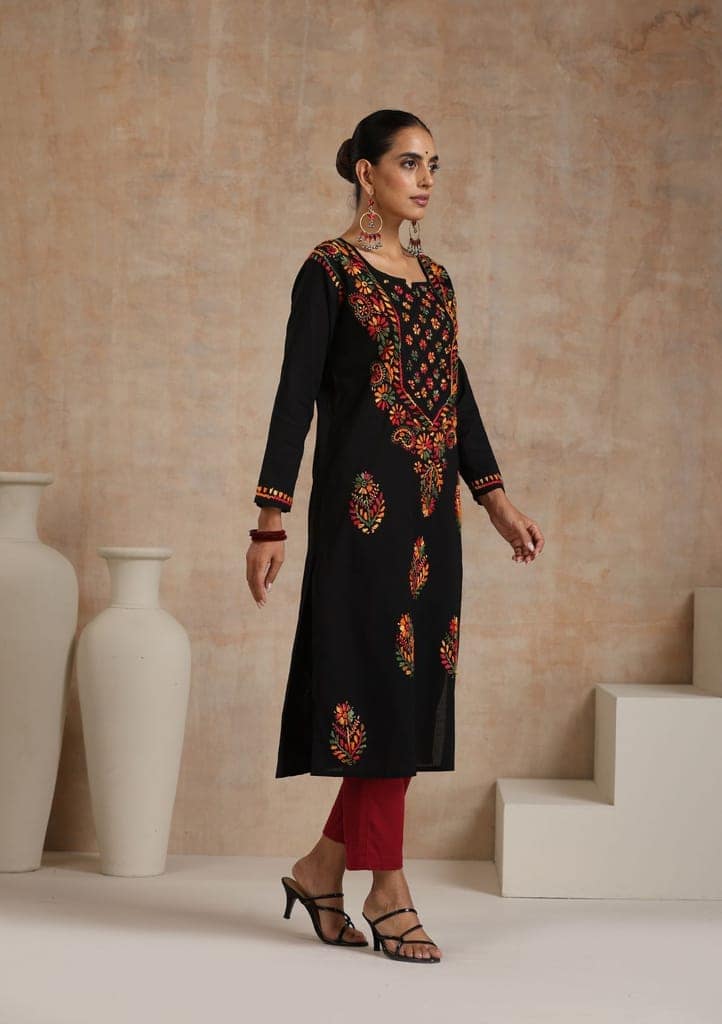 Cotton Chikankari Women's Long Kurta - Black view 3