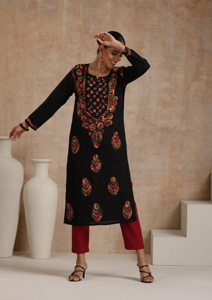 Cotton Chikankari Women's Long Kurta - Black view 4