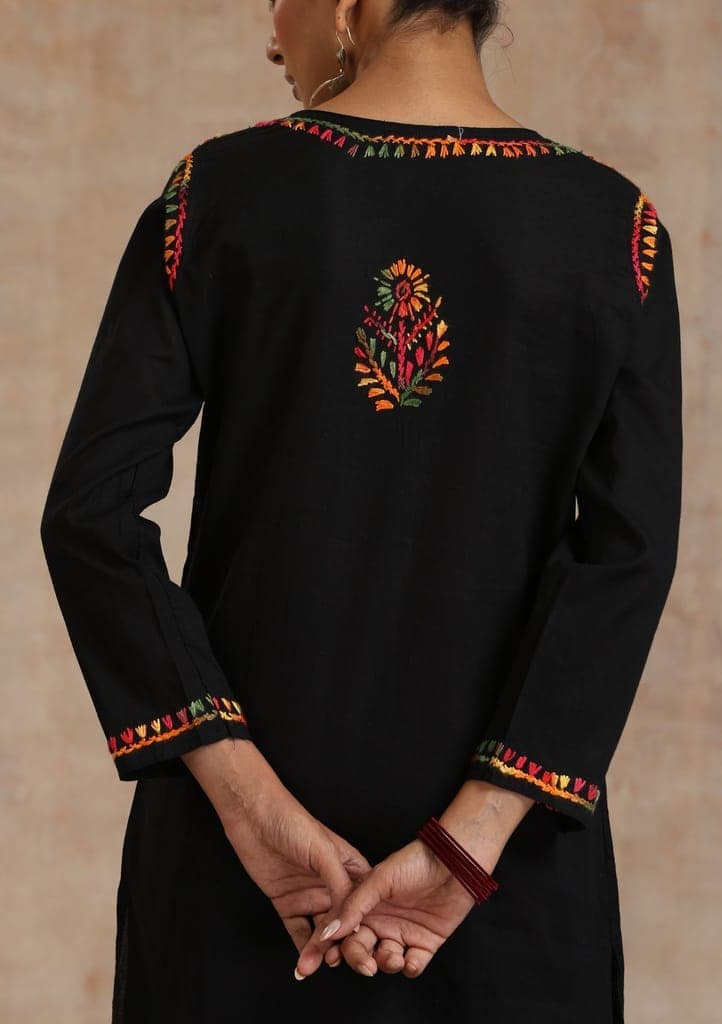 Cotton Chikankari Women's Long Kurta - Black view 7