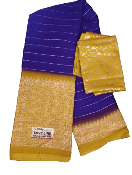 Yellow and Blue Traditional Saree With Blouse Piece view 2