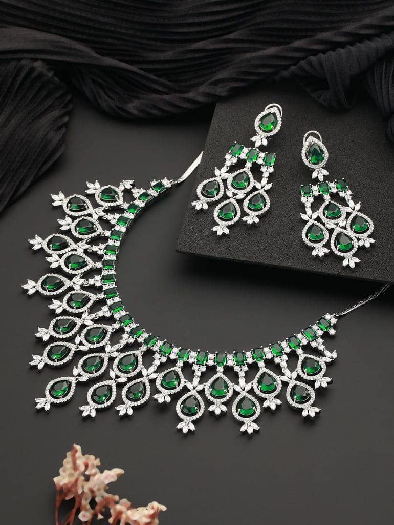 White Rhodium Silver Plated Green CZ Stone Studded jewellery Set view 2
