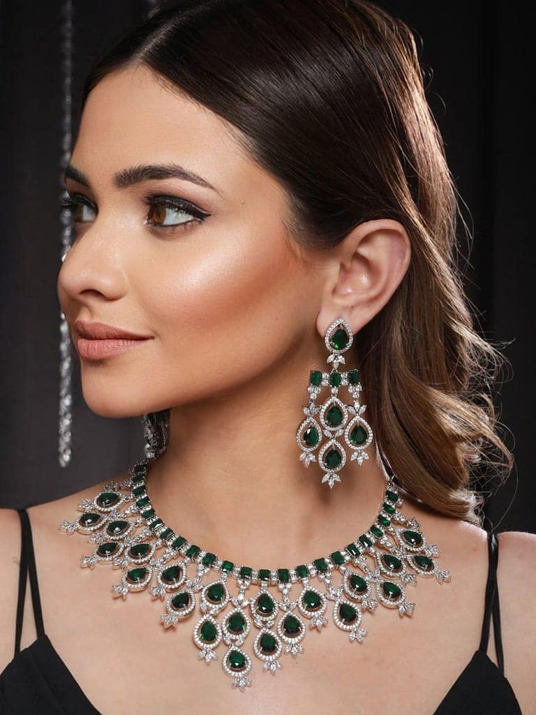 White Rhodium Silver Plated Green CZ Stone Studded jewellery Set view 4