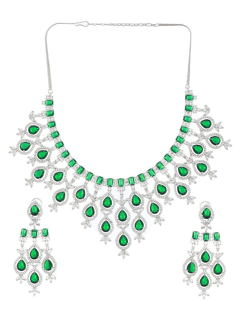 White Rhodium Silver Plated Green CZ Stone Studded jewellery Set view 5