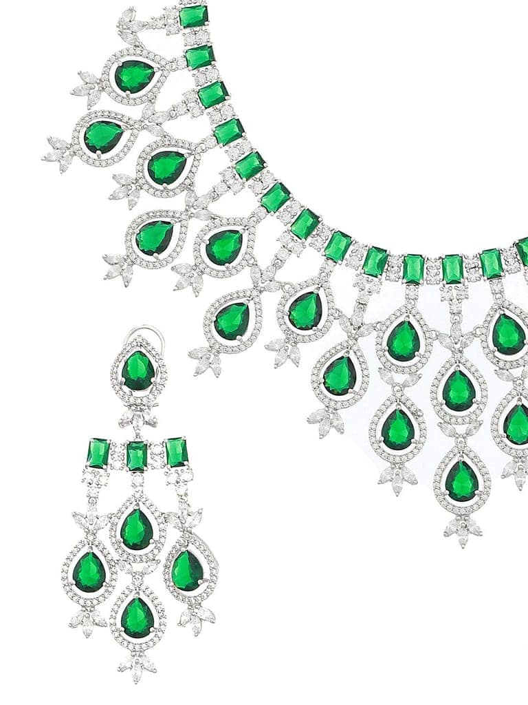White Rhodium Silver Plated Green CZ Stone Studded jewellery Set view 7