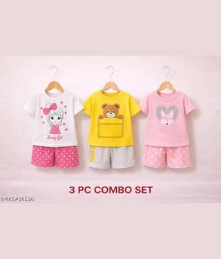 ODIMENT Pack of 3 Girls Cotton Blend T-shirt & Shorts ( Multicolor )