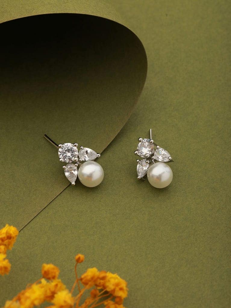 Silver Toned CZ & Pearl Studded Solitaire Minimal Studds earrings view 2