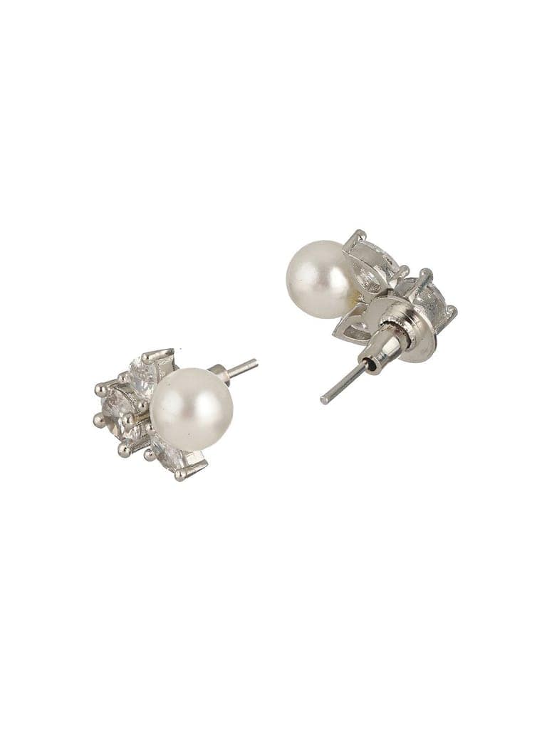 Silver Toned CZ & Pearl Studded Solitaire Minimal Studds earrings view 5
