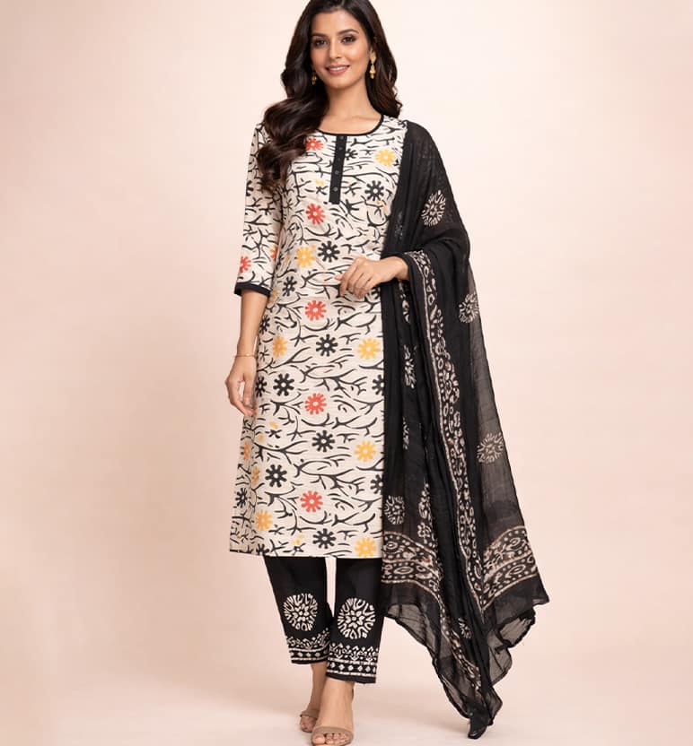 Handcrafted Batik Print Unstitched 3-Piece Suit Set view 6