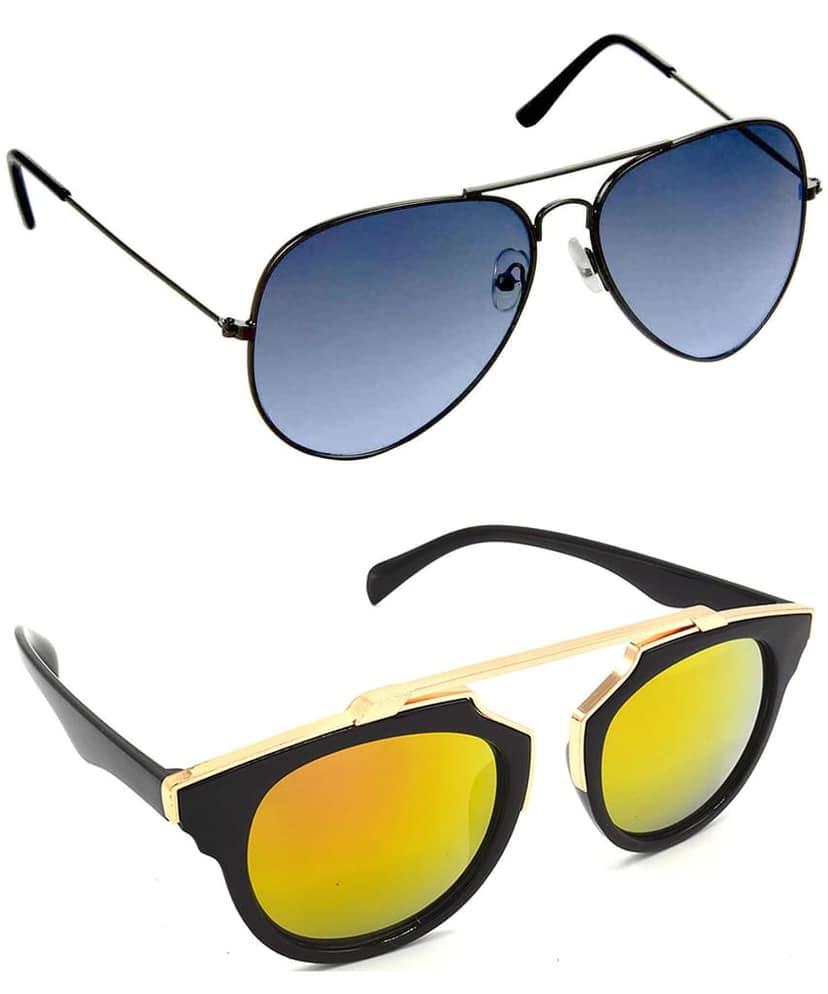 HRINKAR Unisex Pilot Sunglasses Grey & Golden Frame, Blue & Golden Lens (Medium) - Pack of 2