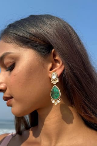 ANANYA GREEN STONE AND POLKI EARRINGS WITH SEMI-PRECIOUS STONE WITH BASRA MOTI