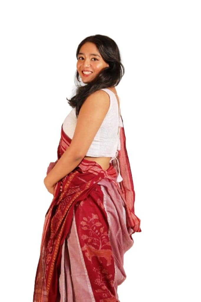 GHL Guendicha haat Sambalpuri Handloom Certified Pure Cotton Bandha Design Saree With Blouse Piece(Red Maroon,6.3 mtr)