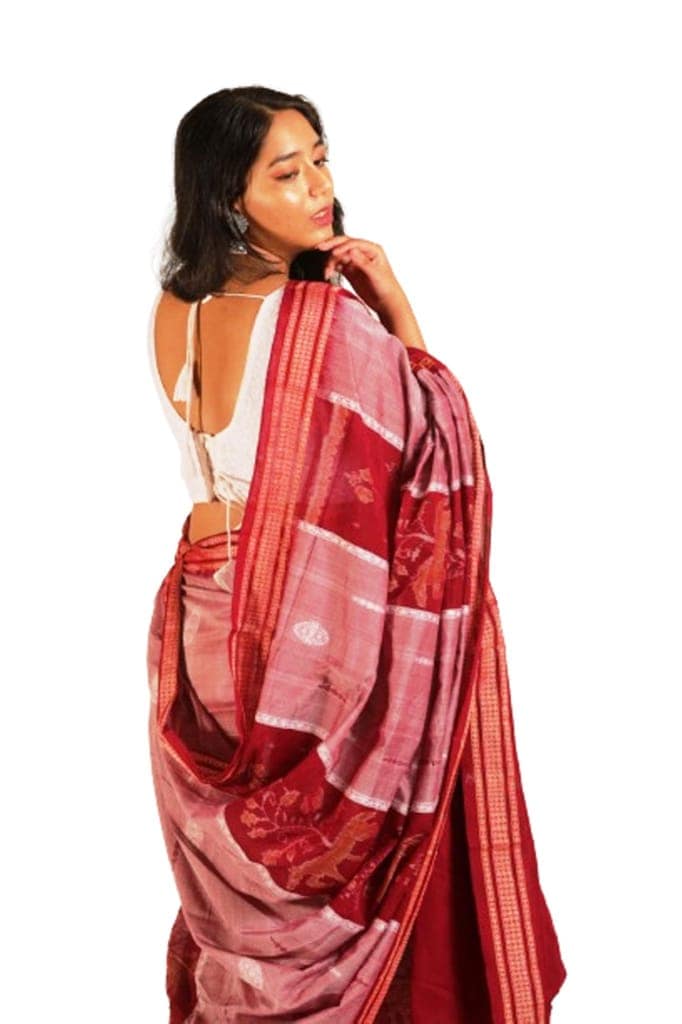 GHL Guendicha haat Sambalpuri Handloom Certified Pure Cotton Bandha Design Saree With Blouse Piece(Red Maroon,6.3 mtr) view 4