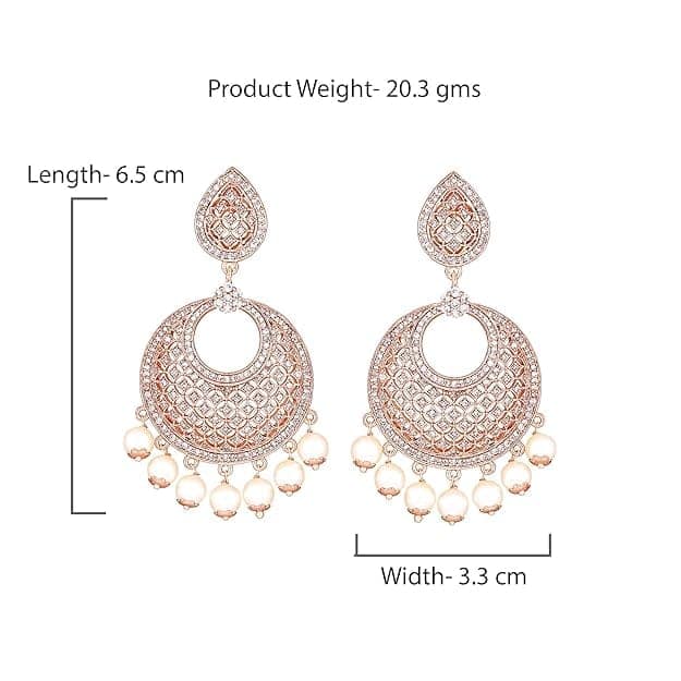 "Stunning Cubic Zirconia Chandbali Earrings with Pearls in Rose Gold Plating"