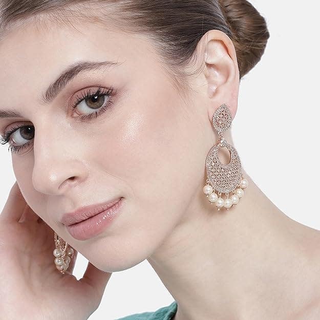 "Stunning Cubic Zirconia Chandbali Earrings with Pearls in Rose Gold Plating" view 2