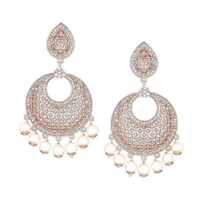"Stunning Cubic Zirconia Chandbali Earrings with Pearls in Rose Gold Plating" view 3
