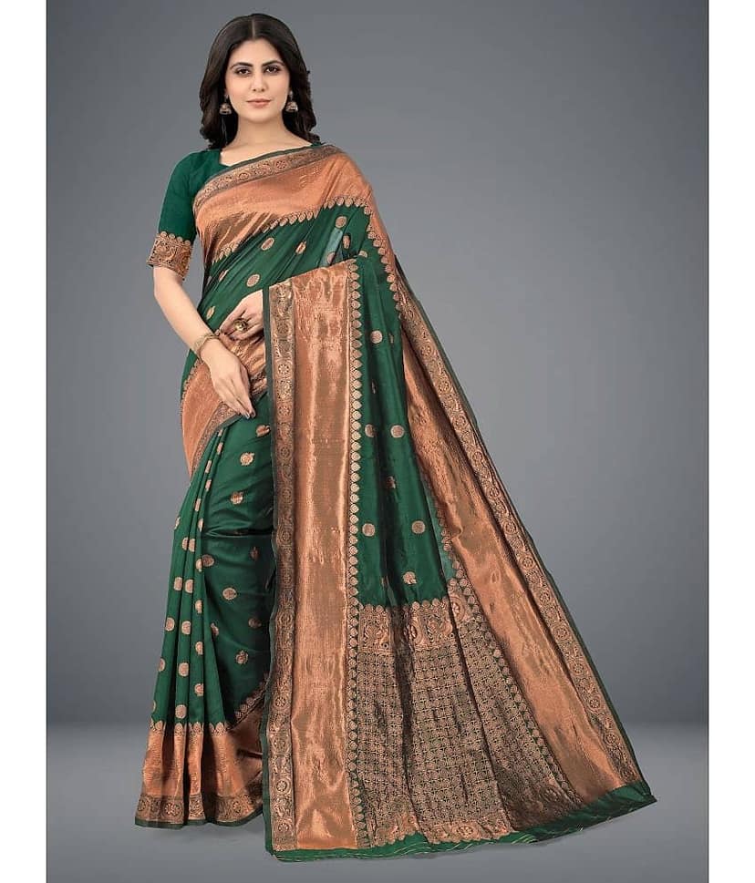 Om Shantam Sarees Art Silk Embellished Saree With Unstitched Blouse Piece ( Green )
