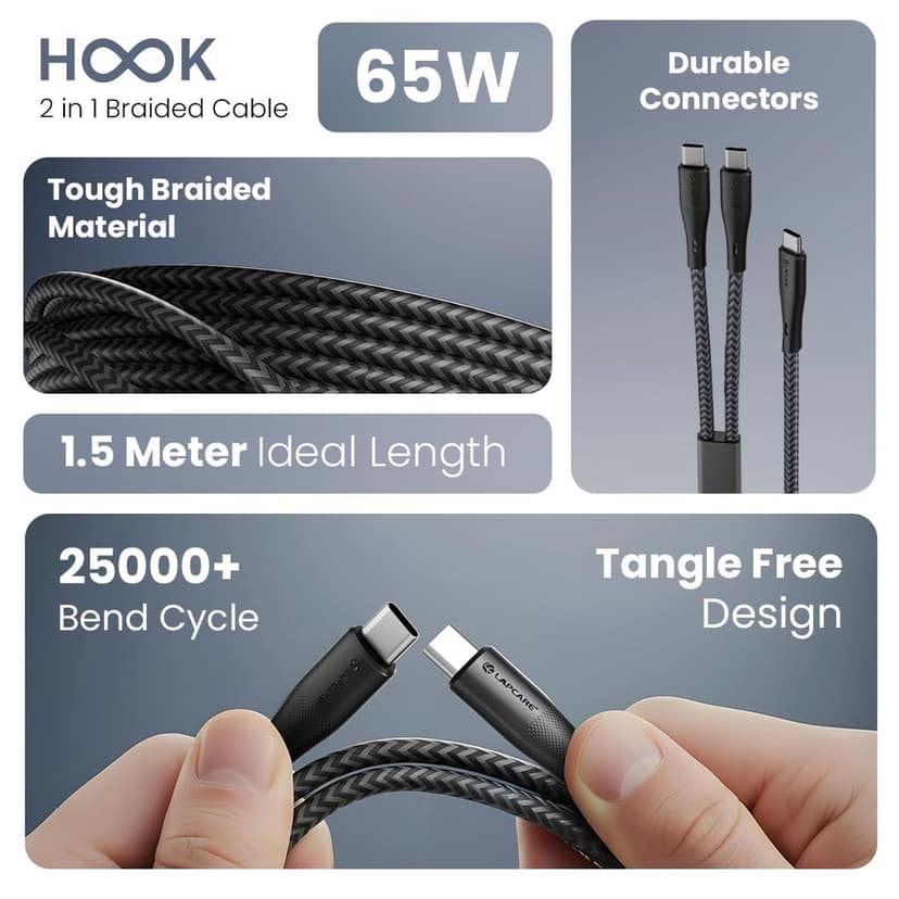 LAPCARE HOOK 2-in-1 USB-C to C Combo Fast Charging Cable 65W | 1.2m Nylon Braided | PD Fast Charge & Data Sync | Compatible with Laptop, iPad, iPhone, Samsung & Other Type C Devices view 6