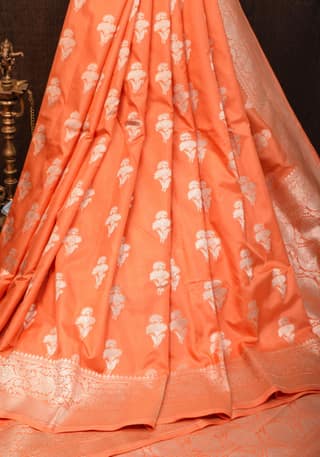 Exquisite Banarasi Katan Silk Saree inApricot with Floral Design pattern and zari border| SILK MARK CERTIFIED